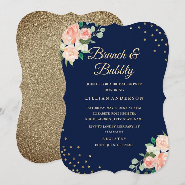 Invitation Marine Gold Floral Confetti Brunch et Bubbly (Devant / Derrière)