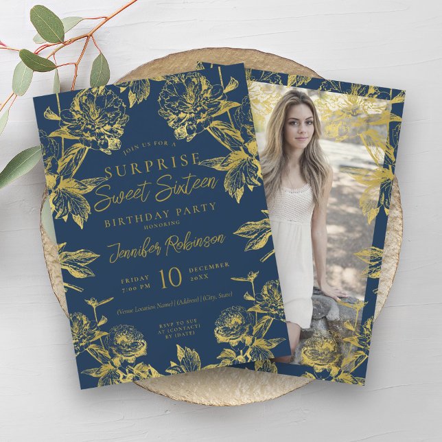 Invitation Marine Gold Floral Photo SURPRISE Sweet 16 (Navy Gold Floral Photo SURPRISE Sweet 16 Invitation)