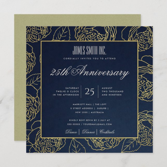 INVITATION MARINE GOLD KRAFT ROSE FLORAL CORPORATE PARTY (Devant / Derrière)