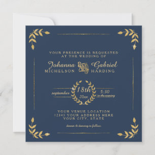 Invitation Marine Gold Laurel Type de feuille Mariage moderne