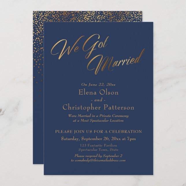 Invitation Marine & Gold Nous Avons Marié Confetti Réception (Devant / Derrière)