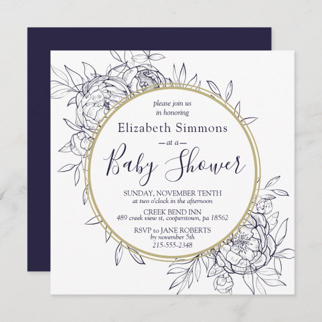 Invitation Marine & Gold Peony Moderne Baby shower en toile f (Devant / Derrière)