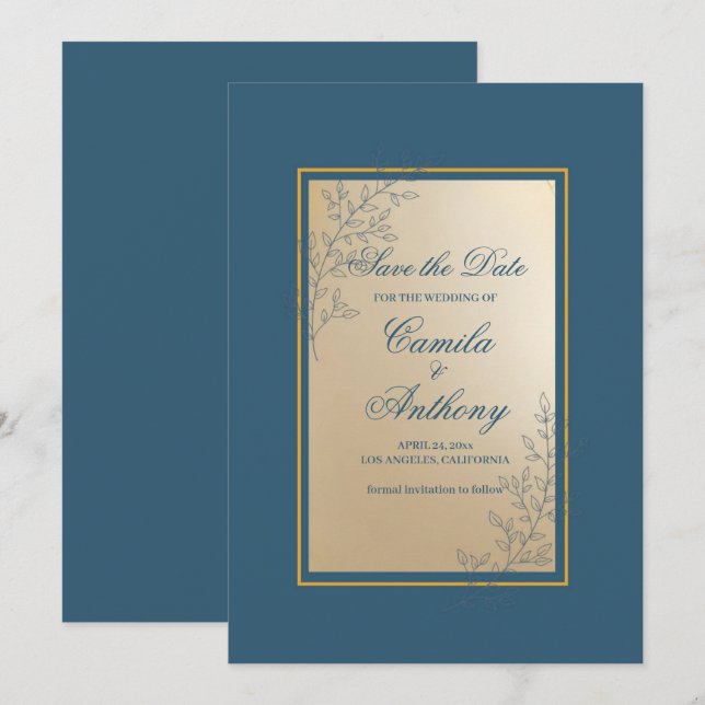 Invitation Marine Gold Rectangle Floral Boho Enregistrer La D (Devant / Derrière)