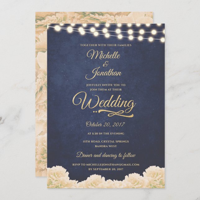 Invitation Marine Gold Rustic Chic Floral String Mariage (Devant / Derrière)