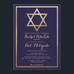 Invitation Marine Gold Star Frontière Bat mitzvah Nom hébreu<br><div class="desc">Cette invitation bat mitzvah moderne et élégante au nom hébreu est parfaite pour la journée spéciale de votre enfant. Il présente une feuille d'or imitation Star of David et bordé d'un simple arrière - plan bleu marine avec typographie cursive ornée. Chic, joli, minimaliste et régal. ***REMARQUE IMPORTANTE DE CONCEPTION :...</div>