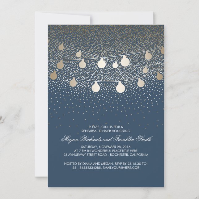 Invitation Marine Gold String Lights Dîner de répétition Vint (Devant)