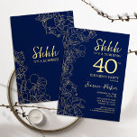 Invitation Marine Gold Surprise 40e anniversaire<br><div class="desc">Invitation de 40e anniversaire de la Marine Gold Surprise. Le minimaliste design féminin moderne présente des accents botaniques et des caractères typographiques. Carte invitation florale simple parfaite pour une célébration anniversaire surprise femme élégante.</div>