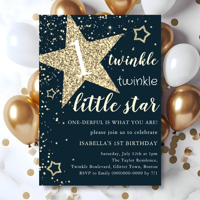 Invitation Marine & Gold Twinkle Little Star 1er anniversaire (Créateur téléchargé)
