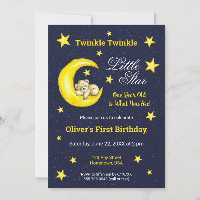 Invitation Marine Gold Twinkle Little Star Moon 1er anniversa (Devant)