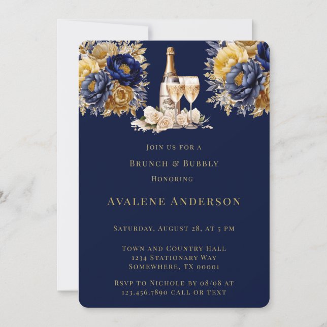 Invitation Marine Gold Watercolor Peony Brunch et Bubbly (Devant)