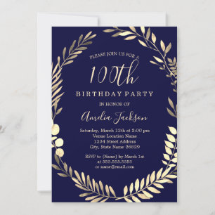 Invitation Marine Gold Watercolor Wreath 100e anniversaire