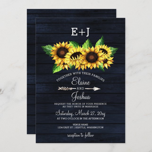 Invitation Marine grange bois Sunflowers Pays Mariage rustiqu (Devant / Derrière)