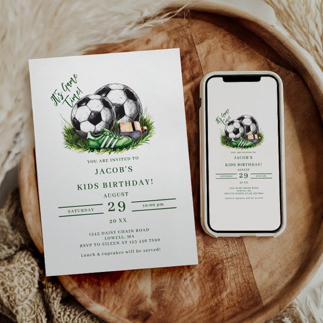 Invitation Marine Green Soccer Kids Watercolo (Créateur téléchargé)