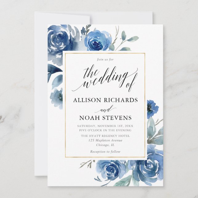 Invitation Marine indigo bleu floral moderne mariage élégant (Devant)