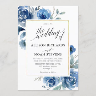 Invitation Marine indigo bleu floral moderne mariage élégant