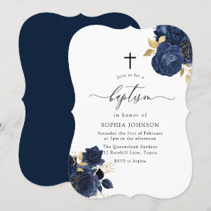 Invitation Marine Indigo Blue Floral Gold Leaf Baptême