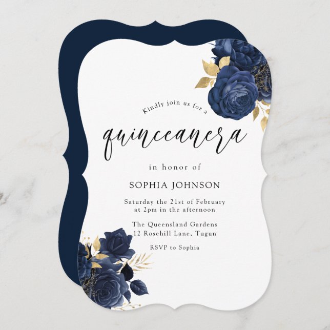 Invitation Marine Indigo Blue Floral Gold Leaf Quinceanera (Devant / Derrière)