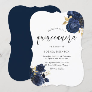 Invitation Marine Indigo Blue Floral Gold Leaf Quinceanera