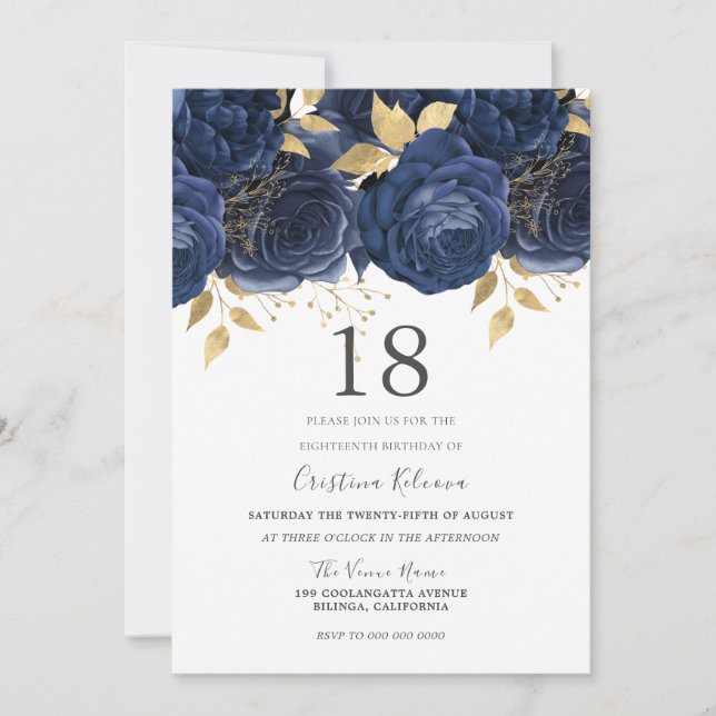 Invitation Marine Indigo Blue & Gold Floral 18e fête d'annive (Devant)