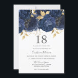 Invitation Marine Indigo Blue & Gold Floral 18e fête d'annive<br><div class="desc">Navy Indigo Blue & Gold Floral 18th Birthday Party Invitation Voir la collection correspondante dans Niche and Nest Store</div>