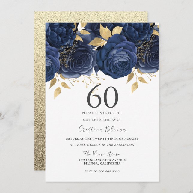 Invitation Marine Indigo Blue & Gold Floral 60e fête d'annive (Devant / Derrière)