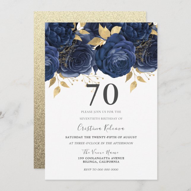 Invitation Marine Indigo Blue & Gold Floral 70e fête d'annive (Devant / Derrière)