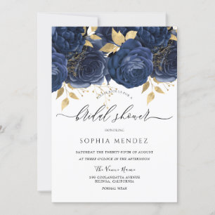 Invitation Marine Indigo Blue & Gold Floral Fête des mariées