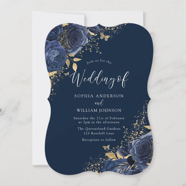 Invitation Marine Indigo Blue Roses Fleurs Mariage élégant (Devant)