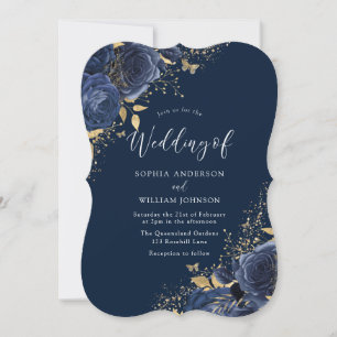 Invitation Marine Indigo Blue Roses Fleurs Mariage élégant