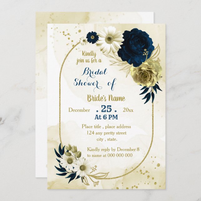 Invitation Marine ivoire floral or géométrique douche nuptial (Devant / Derrière)