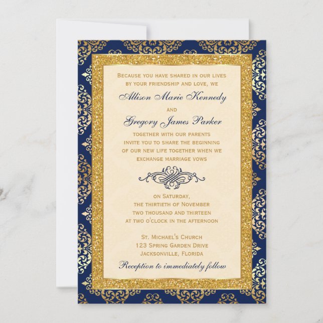 Invitation Marine, Ivoire, Parties scintillant d'or, Mariage  (Devant)