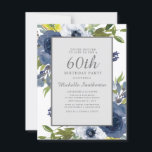 Invitation Marine Jaune Blanc Floral Feuilles 60e anniversair<br><div class="desc">Elégant bleu marine,  jaune et blanc aquarelle floral avec des feuilles verts sur blanc 60e anniversaire invitation fête fête. Le lettrage est une belle police de script de calligraphie. Contactez-nous pour obtenir de l'aide sur la personnalisation ou pour demander des produits correspondants.</div>