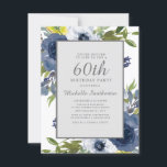 Invitation Marine Jaune Blanc Floral Feuilles 60e anniversair<br><div class="desc">Elégant bleu marine,  jaune et blanc aquarelle floral avec des feuilles verts sur blanc 60e anniversaire invitation fête fête. Le lettrage est une belle police de script de calligraphie. Contactez-nous pour obtenir de l'aide sur la personnalisation ou pour demander des produits correspondants.</div>