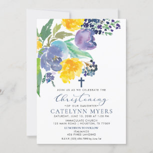 Invitation Marine Jaune et violet Bright Floral Christening