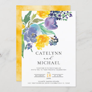 Invitation Marine Jaune et violet brillant Mariage floral