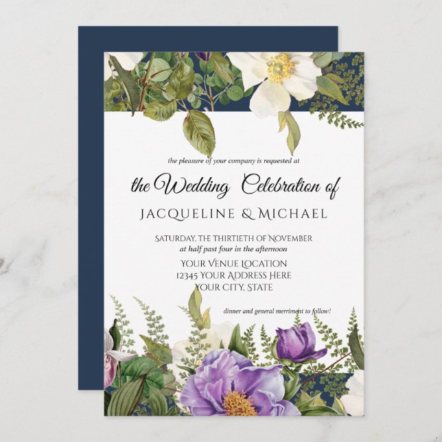 Invitation Marine Lavender Floral Ivory Mariage Rose Foliing (Devant / Derrière)