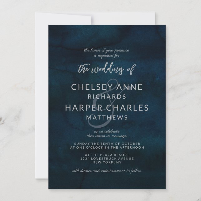 Invitation Marine Luster Bleu foncé Argent Simple Mariage mod (Devant)