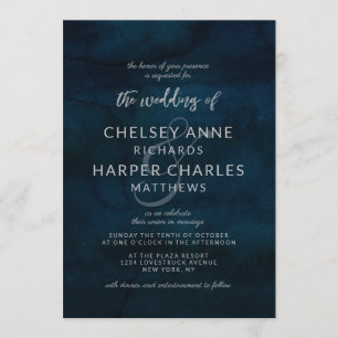 Invitation Marine Luster Bleu foncé Argent Simple Mariage mod