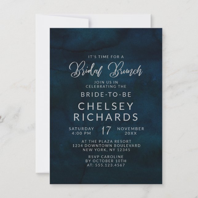 Invitation Marine Luster Bleu foncé Silver Bridal Brunch Douc (Devant)