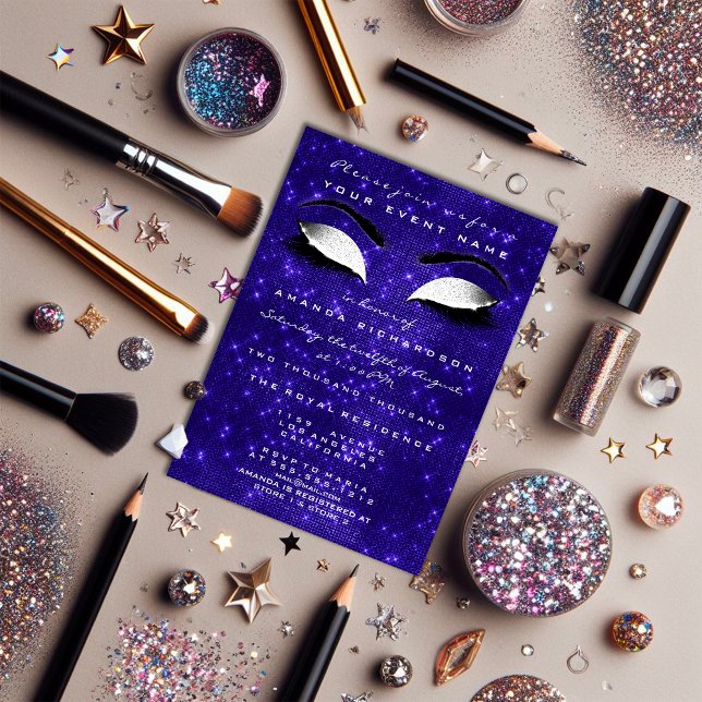Invitation Marine Maquillage bleu blanc Parties scintillant é (Navy Blue Makeup White Sparkly Glitter 16th Bridal Invitation)
