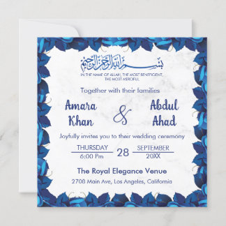 Invitation Marine Marbre bleu floral Mariage musulman islamiq