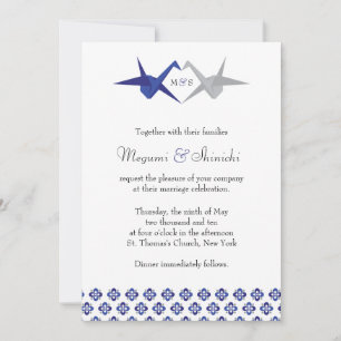 Invitation Marine / Mariage de grues Origami Argent