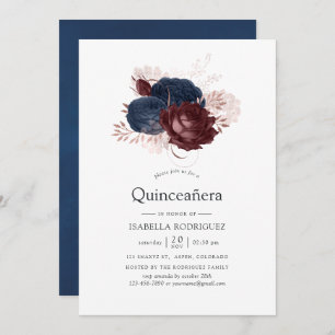Invitation Marine, Maroon et Rose or Floral Quinceañera