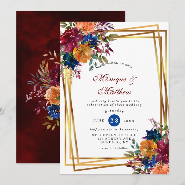 Invitation Marine Marsala Orange Floral Mariage géométrique I (Devant / Derrière)