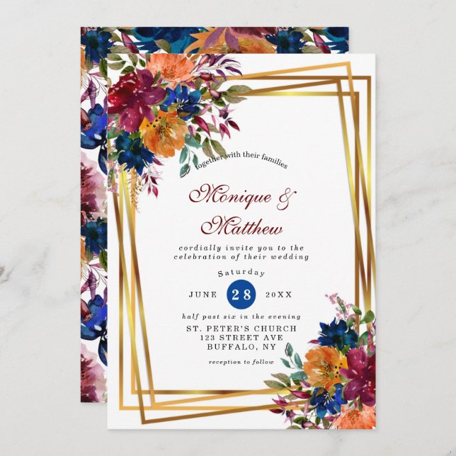 Invitation Marine Marsala Orange Floral Mariage géométrique I (Devant / Derrière)