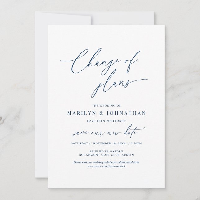 Invitation Marine minimale, Changement de plan, mariage repor (Devant)