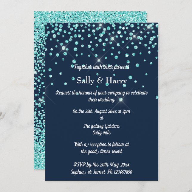 Invitation Marine Mint Diamonds mariage Aqua cristal vert (Devant / Derrière)