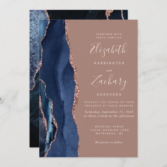 Invitation Marine moderne Agate bleu Dusty Rose Mariage or (Devant / Derrière)