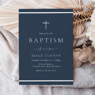 Invitation Marine moderne Baptême bleu Bordure blanche