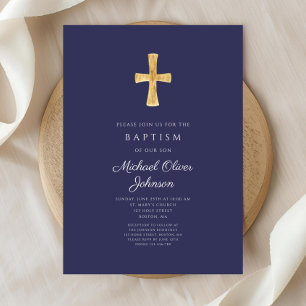 Invitation Marine Moderne Bleu Croix Religieuse Boy Baptême